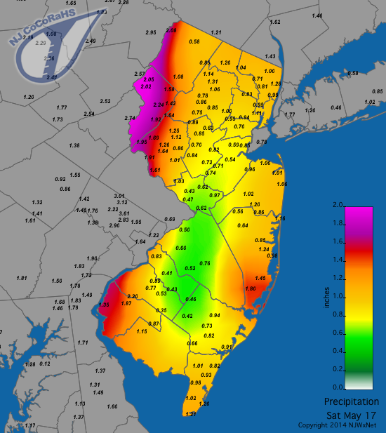 Rainfall totals from the morning of May 16 to the morning of May 17 based on 199 NJ CoCoRaHS observations. Rainfall totals from the morning of May 16 to the morning of May 17 based on 199 NJ CoCoRaHS observations.