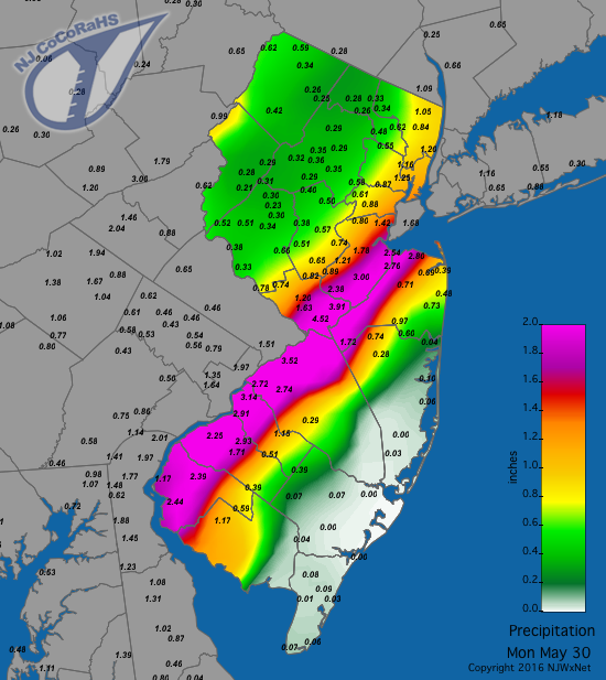 Figure 1. Rainfall from approximately 7 AM EDT on May 29th to 7 AM on the 30th. May 30th precipitation map