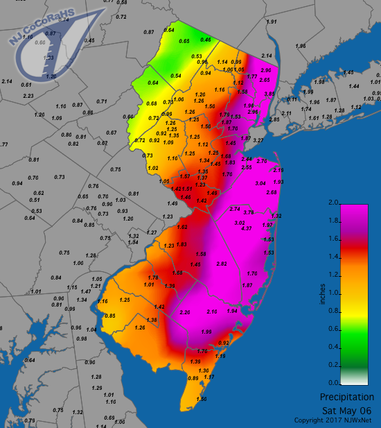 Figure 1. Rainfall between approximately 7AM on May 5 and 7AM on May 6. Observations were gathered and reported by CoCoRaHS observers. May 6 2017 rainfall map