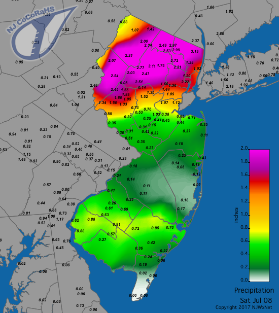 Figure 1. Rainfall from the morning of July 7th to morning of July 8th. Rainfall map from the morning of July 7th to morning of July 8th.