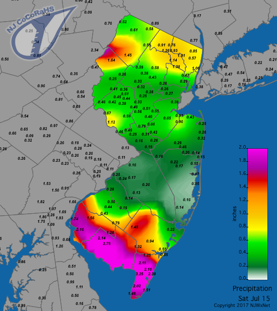 Figure 3. Rainfall from the morning of July 14th to morning of July 15th. Rainfall map from the morning of July 14th to morning of July 15th.