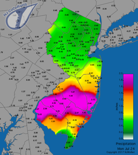 Figure 5. Rainfall from the morning of July 23rd to morning of July 24th. These totals were from the beginning of the multi-day event. Rainfall map from the morning of July 23rd to morning of July 24th.