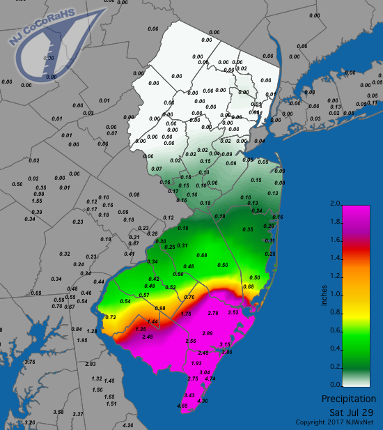 Figure 6. Rainfall from the morning of July 28th to morning of July 29th. Rainfall map from the morning of July 28th to morning of July 29th.