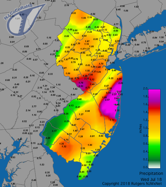 Figure 1. Rainfall totals from the morning of July 17th to the morning of the 18th. Observations are comprised of reports from CoCoRaHS stations. Rainfall map for July 18th