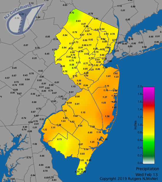 Figure 2. Rainfall from approximately 7 AM on the 12th to 7 AM on the 13th. Observations are from CoCoRaHS stations. Rainfall map for February 12th-13th