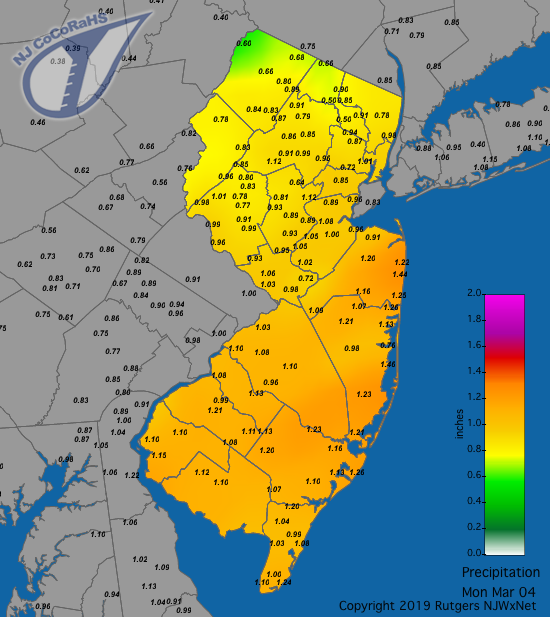 Figure 4. Rain and melted snowfall from the afternoon of the 3rd through the early hours of the 4th. Observations are from CoCoRaHS stations. Precipitation map for March 3rd-4th