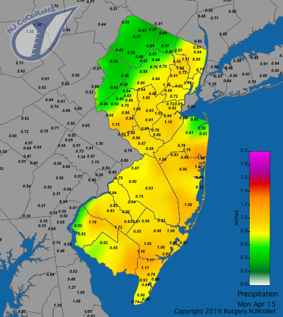 Figure 2. Rain from the evening of the 14th through early morning on the 15th. Some additional rain fell later the morning of the 15th but is not included in this figure. Observations are from CoCoRaHS stations. Precipitation map for April 14th-15th