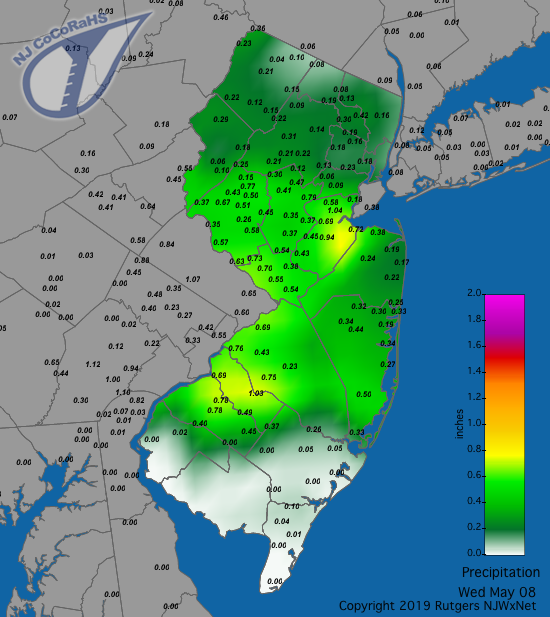 Figure 1. Rainfall from about 7AM on May 7th to 7AM on May 8th. Observations are from CoCoRaHS stations. Precipitation map for May 7th-8th