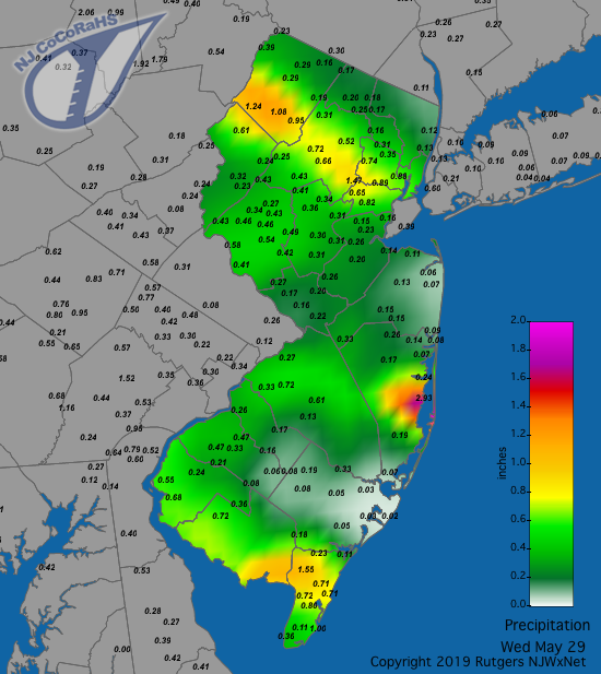 Figure 2. Rainfall from about 7AM on May 28th to 7AM on May 29th. Observations are from CoCoRaHS stations. Precipitation map for May 28th-29th