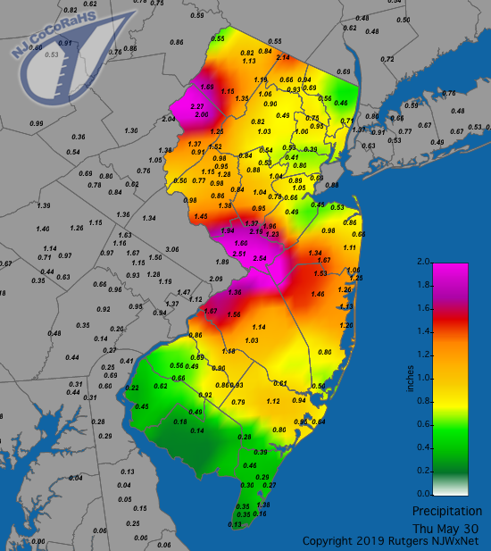 Figure 3. Rainfall from about 7AM on May 29th to 7AM on May 30th. Observations are from CoCoRaHS stations. Precipitation map for May 29th-30th