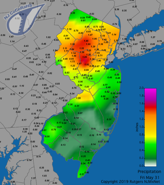 Figure 4. Rainfall from about 7AM on May 30th to 7AM on May 31st. Observations are from CoCoRaHS stations. Precipitation map for May 30th-31st