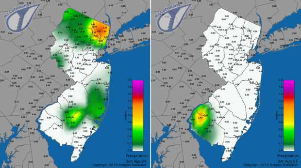 Figure 1. Rainfall from approximately 7AM on August 2 to 7AM on August 3 (left) and 7AM on August 3 to 7AM on August 4 (right). Observations are comprised of reports from CoCoRaHS stations. Precipitation maps for August 3rd and 4th