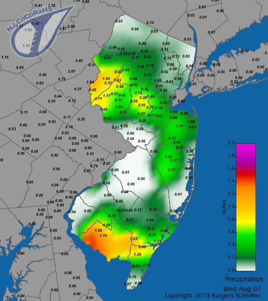Figure 2. Rainfall from approximately 7AM on August 6 to 7AM on August 7. Observations are comprised of reports from CoCoRaHS stations. Precipitation map for August 7th