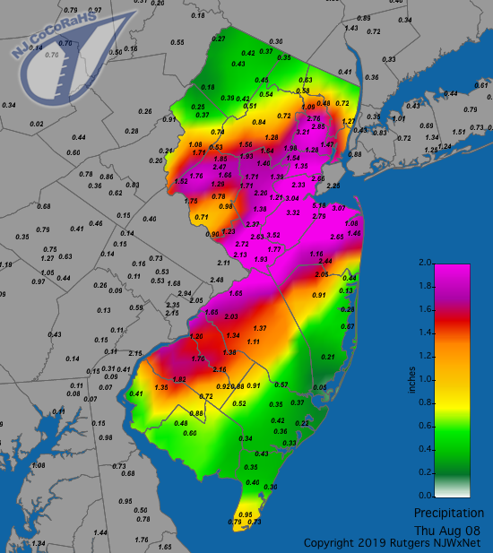 Figure 3. Rainfall from approximately 7AM on August 7 to 7AM on August 8. Observations are comprised of reports from CoCoRaHS stations. Precipitation map for August 8th