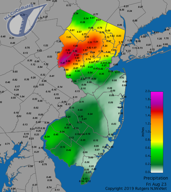 Figure 4. Rainfall from approximately 7AM on August 22 to 7AM on August 23. Observations are comprised of reports from CoCoRaHS stations. Precipitation map for August 23rd