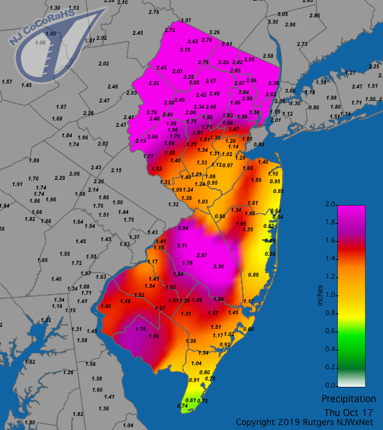 Figure 2. Rainfall from approximately 7AM on October 16th to 7AM on October 17th. Observations are comprised of reports from CoCoRaHS stations. Precipitation map for October 17th