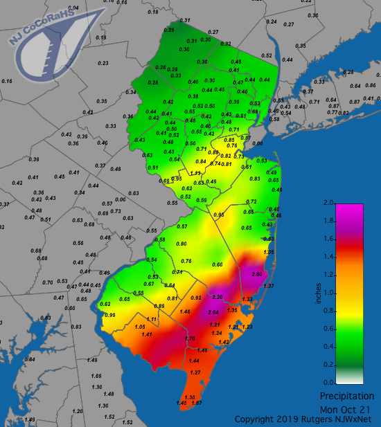 Figure 4. Rainfall from approximately 7AM on October 20th to 7AM on October 21st. Observations are comprised of reports from CoCoRaHS stations. Precipitation map for October 21st