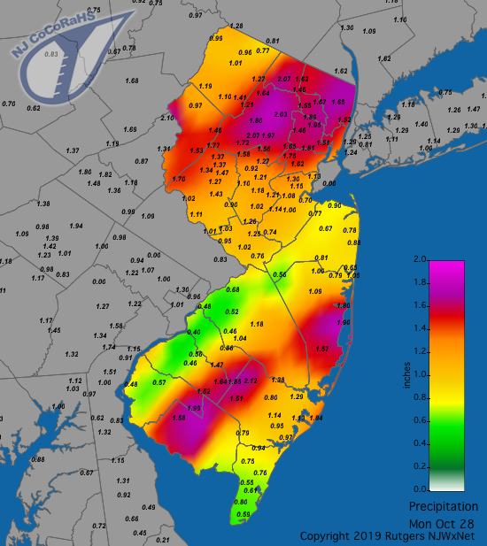 Figure 5. Rainfall from approximately 7AM on October 27th to 7AM on October 28th. Observations are comprised of reports from CoCoRaHS stations. Precipitation map for October 28th
