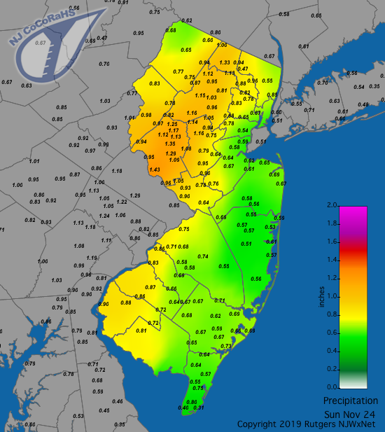Figure 2. Rainfall from approximately 7AM on November 23rd to 7AM on November 24th. Observations are comprised of reports from CoCoRaHS stations. Precipitation map for November 24th