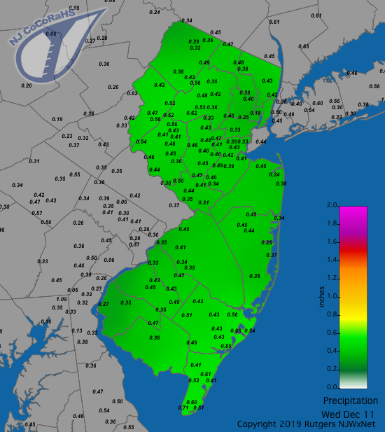 Figure 2. Rainfall from approximately 7AM on December 10th to 7AM on December 11th showing a quite uniform distribution of totals at CoCoRaHS stations. Precipitation map for December 11th
