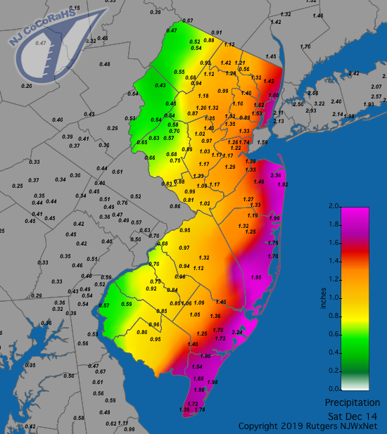 Figure 3. Rainfall from approximately 7AM on December 13th to 7AM on December 14th showing an uneven distribution of totals at CoCoRaHS stations. Precipitation map for December 14th