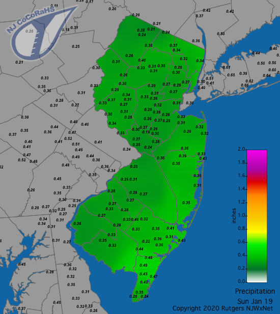 Figure 1. Rainfall from approximately 7AM on January 18th to 7AM on January 19th showing a quite uniform distribution of totals at CoCoRaHS stations. Precipitation map for January 19th