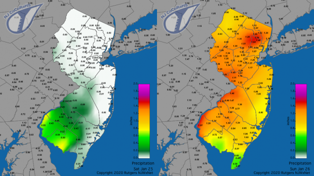 Precipitation map for January 25th on left and January 26th on right" title="Figure 2. Rainfall from approximately 7AM on January 24th to 7AM on January 25th (left) and from 7AM on January 25th to 7AM on January 26th (right) based on CoCoRaHS station reports. Precipitation map for January 25th on left and January 26th on right
