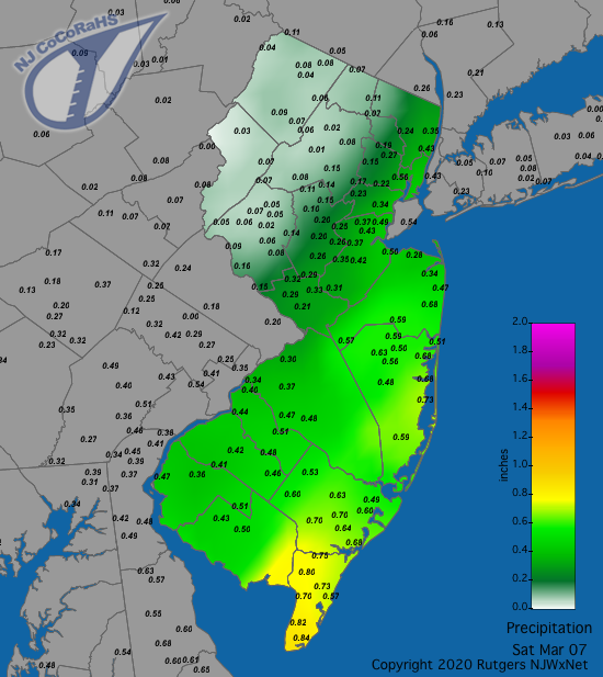 Figure 3. Rainfall from approximately 7AM on March 6th to 7AM on March 7th showing a southeast to northwest decrease in totals at CoCoRaHS stations. Precipitation map for March 7th