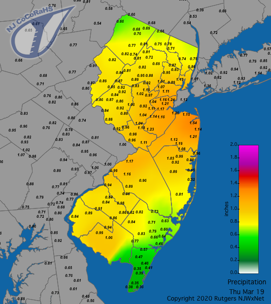 Figure 4. Rainfall from approximately 7AM on March 18th to 7AM on March 19th showing most of the state receiving 0.50” or more rainfall, with the heaviest in the east central region and least falling in the far south and in the northwest. Precipitation map for March 19th