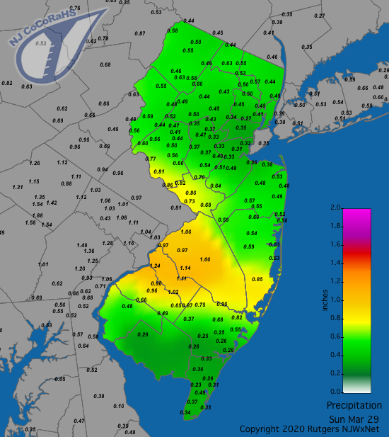 Figure 5. Rainfall from approximately 7AM on March 28th to 7AM on March 29th showing the heaviest totals in Burlington and Camden counties, with widespread totals under an inch elsewhere. Precipitation map for March 29th