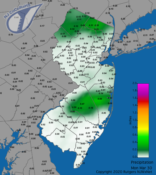 Figure 6. Rainfall from thunderstorms during the morning of March 29th in far northern NJ and rain that fell in thunderstorms during the evening of the 29th across a portion of southern NJ. Some small hail fell in some of these storms. Precipitation map for March 30th