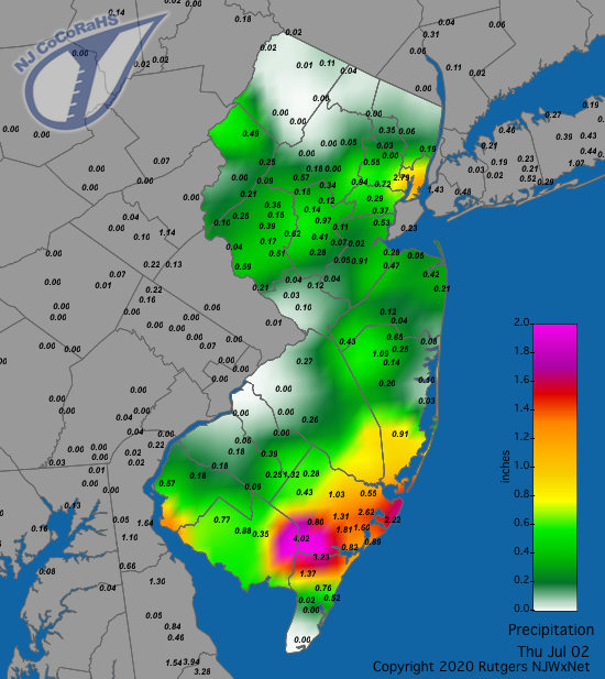 Figure 4. Rainfall from approximately 7AM on July 1st to 7AM on July 2nd. Reports are from CoCoRaHS observers. Precipitation map for July 2nd