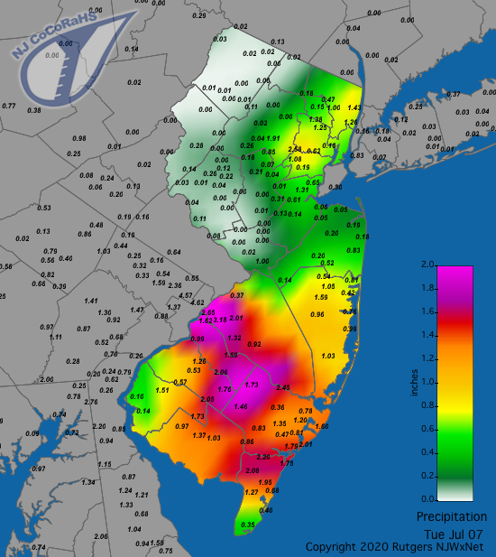 Figure 6. Rainfall from approximately 7AM on 6th to 7AM on July 7th. Reports are from CoCoRaHS observers. Precipitation map for July 7th