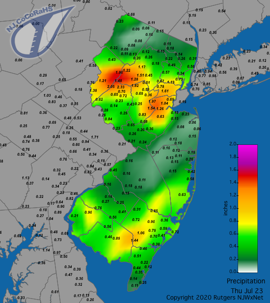 Figure 8. Rainfall from approximately 7AM on July 22nd to 7AM on July 23rd. Reports are from CoCoRaHS observers. Precipitation map for July 23rd
