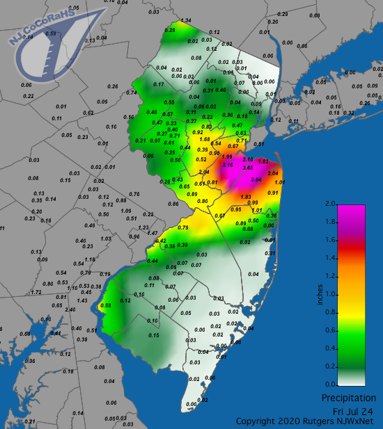 Figure 9. Rainfall from approximately 7AM on July 23rd to 7AM on July 24th. Reports are from CoCoRaHS observers. Precipitation map for July 24th