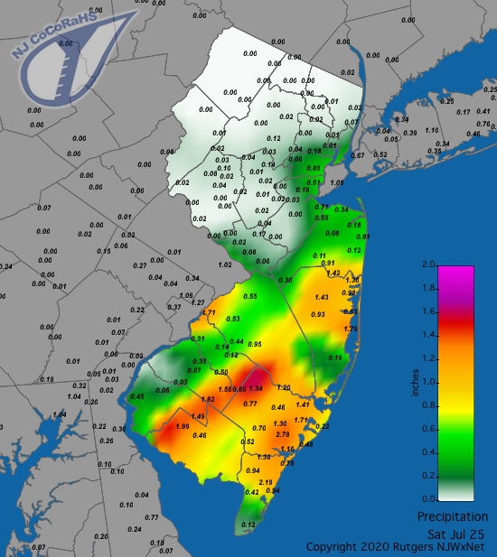 Figure 10. Rainfall from approximately 7AM on July 24th to 7AM on July 25th. Reports are from CoCoRaHS observers. Precipitation map for July 25th