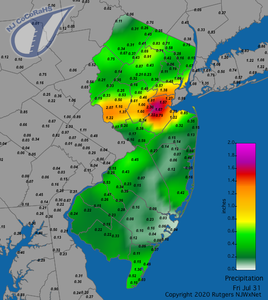 Figure 11. Rainfall from approximately 7AM on July 30th to 7AM on July 31st. Reports are from CoCoRaHS observers. Precipitation map for July 31st