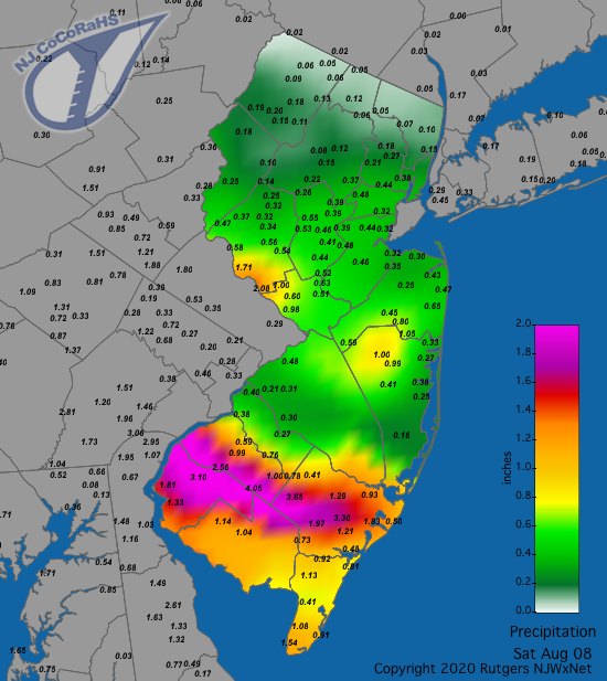 Figure 4. Rainfall from approximately 7AM on August 7th to 7AM on August 8th. Reports are from CoCoRaHS observers. Precipitation map for August 8th