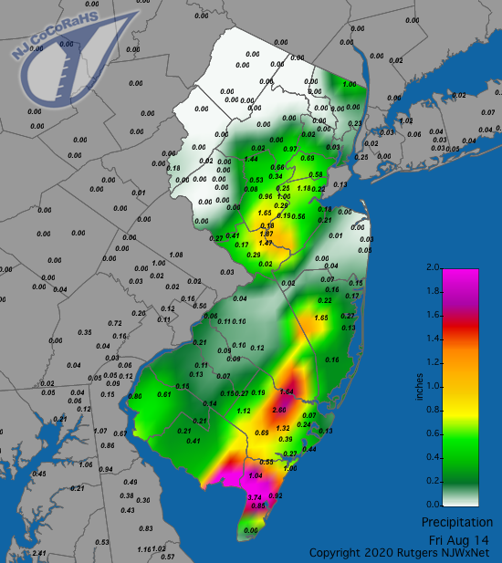 Figure 5. Rainfall from approximately 7AM on August 13th to 7AM on August 14th. Reports are from CoCoRaHS observers. Precipitation map for August 14th