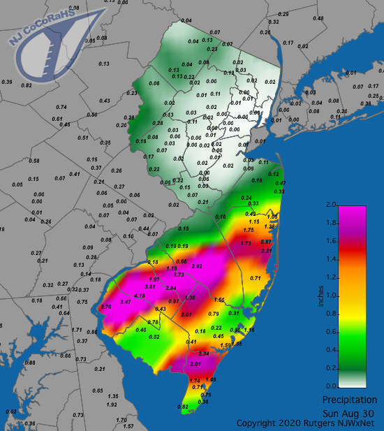 Figure 6. Rainfall from approximately 7AM on August 29th to 7AM on August 30th. This shows the majority of the rainfall associated with the remnants of Hurricane Laura. Reports are from CoCoRaHS observers. Precipitation map for August 30th