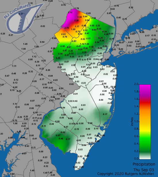Figure 3. Rainfall from approximately 7AM on September 2nd to 7AM on September 3rd. Reports are from CoCoRaHS observers. CoCoRaHS precipitation map for the 24 hours ending on the morning of September 3rd