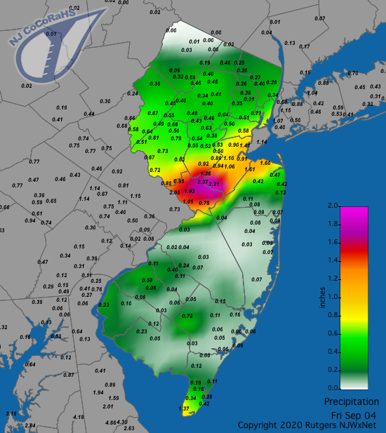 Figure 4. Rainfall from approximately 7AM on September 3rd to 7AM on September 4th. Reports are from CoCoRaHS observers. CoCoRaHS precipitation map for the 24 hours ending on the morning of September 4th