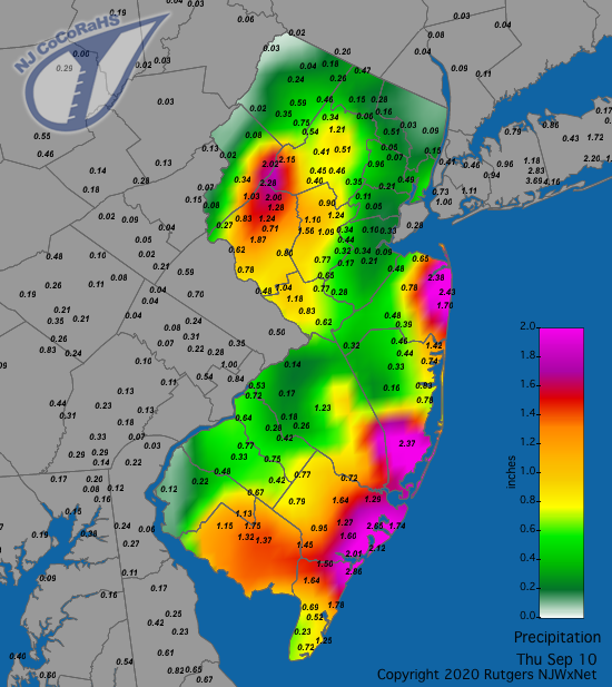 Figure 5. Rainfall from approximately 7AM on September 9th to 7AM on September 10th. Reports are from CoCoRaHS observers. CoCoRaHS precipitation map for the 24 hours ending on the morning of September 10th
