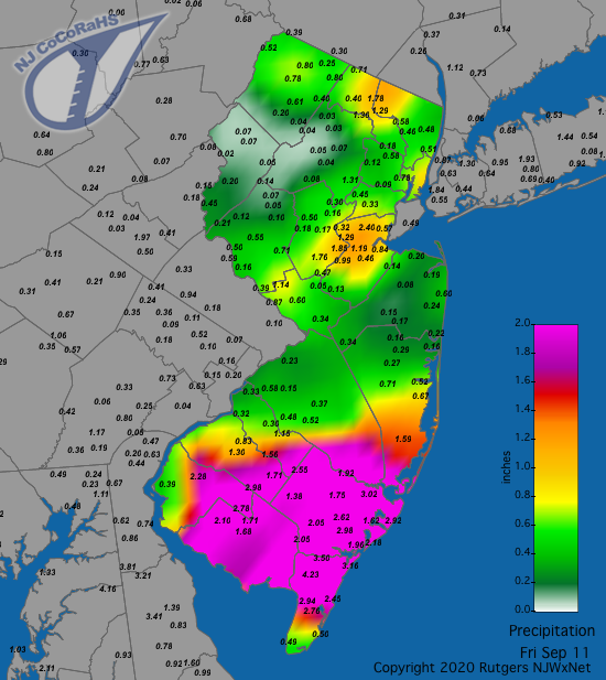 Figure 6. Rainfall from approximately 7AM on September 10th to 7AM on September 11th. Reports are from CoCoRaHS observers. CoCoRaHS precipitation map for the 24 hours ending on the morning of September 11th