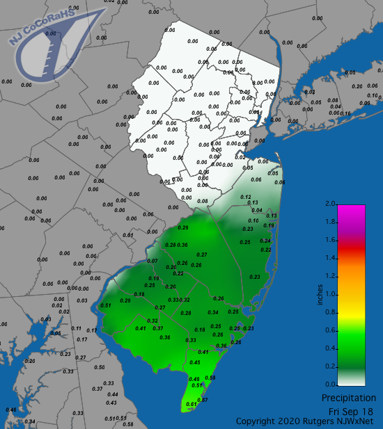 Figure 7. Rainfall from approximately 7AM on September 17th to 7AM on September 18th. This shows rainfall associated with the remnants of Tropical Storm Sally. Reports are from CoCoRaHS observers. CoCoRaHS precipitation map for the 24 hours ending on the morning of September 18th