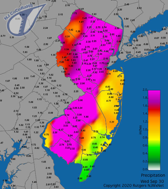 Figure 8. Rainfall from approximately 7AM on September 29th to 7AM on September 30th. Reports are from CoCoRaHS observers. CoCoRaHS precipitation map for the 24 hours ending on the morning of September 30th