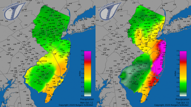 Figure 2. Rainfall from approximately 7AM on October 11th to 7AM on October 12th (left) and 7AM on October 12th to 7AM on October 13th (right). Reports are from CoCoRaHS observers. CoCoRaHS precipitation map for the 24 hours ending on the morning of October 12th and October 13th