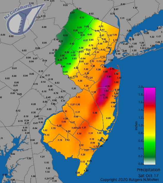 Figure 3. Rainfall from approximately 7AM on October 16th to 7AM on October 17th. Reports are from CoCoRaHS observers. CoCoRaHS precipitation map for the 24 hours ending on the morning of October 17th