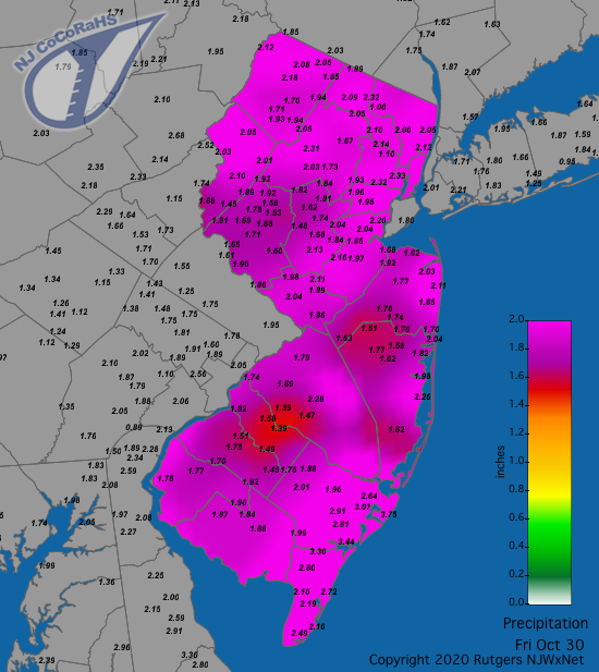 Figure 5. Rainfall from approximately 7AM on October 29th to 7AM on October 30th. Reports are from CoCoRaHS observers. CoCoRaHS precipitation map for the 24 hours ending on the morning of October 30th