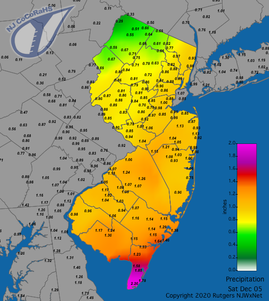 Figure 2. Rainfall from approximately 7 AM on December 4th to 7 AM on December 5th. Reports are from CoCoRaHS observers. CoCoRaHS precipitation map for the 24 hours ending on the morning of December 5th